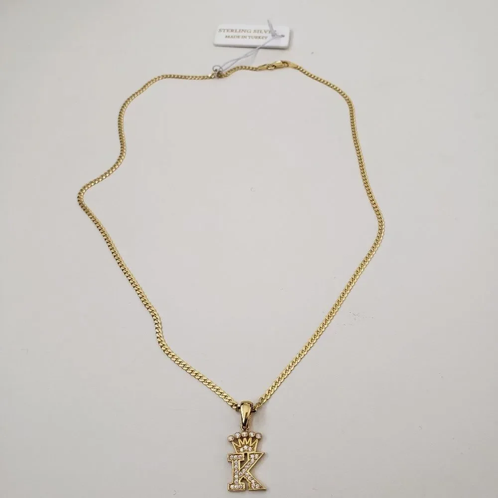 925 Sterling Silver Letter 'K' Crown pendant necklace